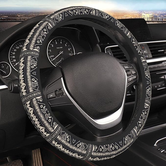 Black and White Mud Cloth Universal Fit Steering Wheel Cover for Car, Truck, and SUV, Durable Steering Wheel Protection