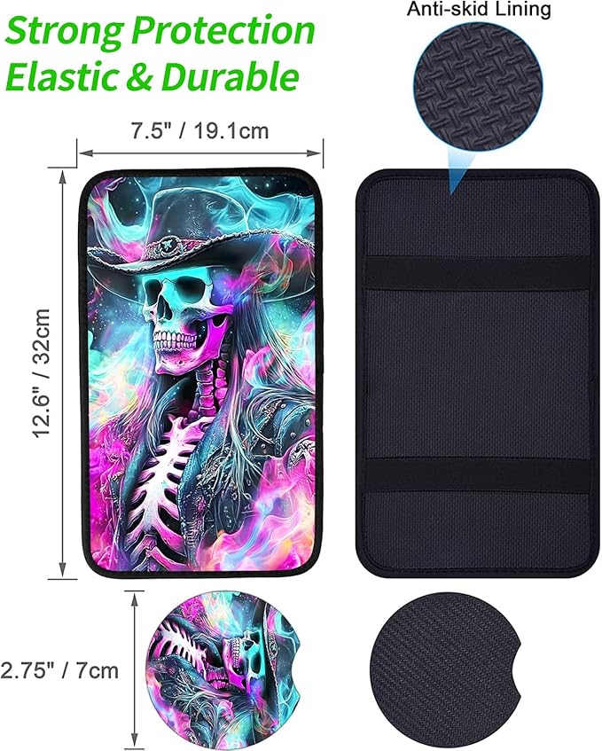 JANENFNA Car Armrest Cover Pads Universal Fashion Cute Auto Center Console Armrest Cover Pad with 2PCS Car Coasters Soft Waterproof Car Armrest Seat Protector for Women,Neon Skull Cowboy