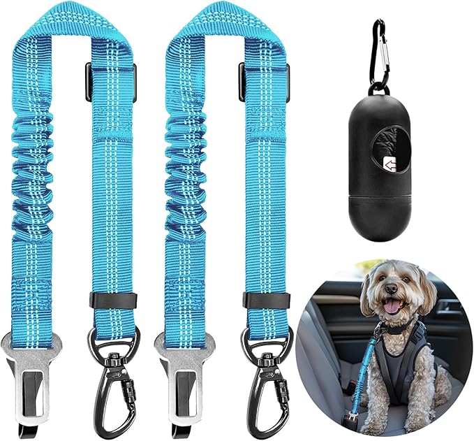 Dog Seat Belt for Car, Dog Car Harness Dog Seatbelt in Car, Safety Leash with Woven Elastic Nylon Buffer Adjustable Rotating Buckle and Dog Poop Bags (19.6-31.5in, Blue,Two Pack)