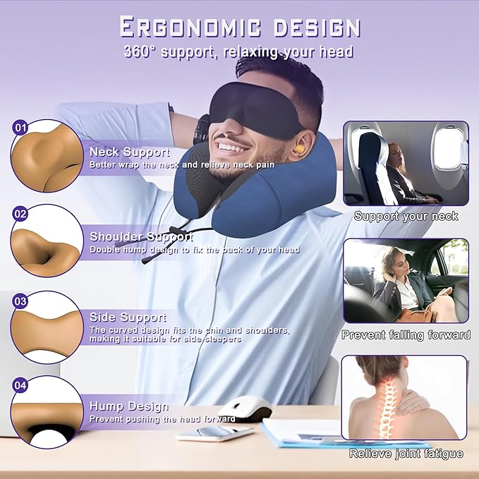 Phent zari Neck Travel Pillow, Upgraded Memory Foam Pillow for Airplane, Machine Washable, Adjustable Flight Pillow, Suitable for Sleeping Airplane, Car, Office and Home (Dark Blue)