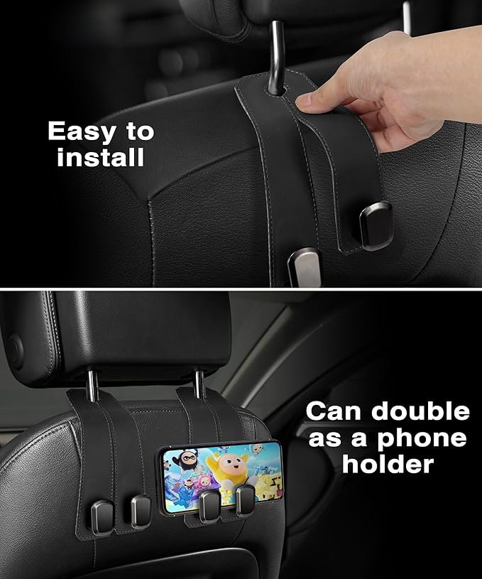 VETERBONE Car Hooks for Headrest, 4PCS Car Purse Hooks Luxurious Leather 100% Metal Car Hangers for Seat Multifunctional Car Bag Hook Car Seat Back Storage Hook Accessories (Black)