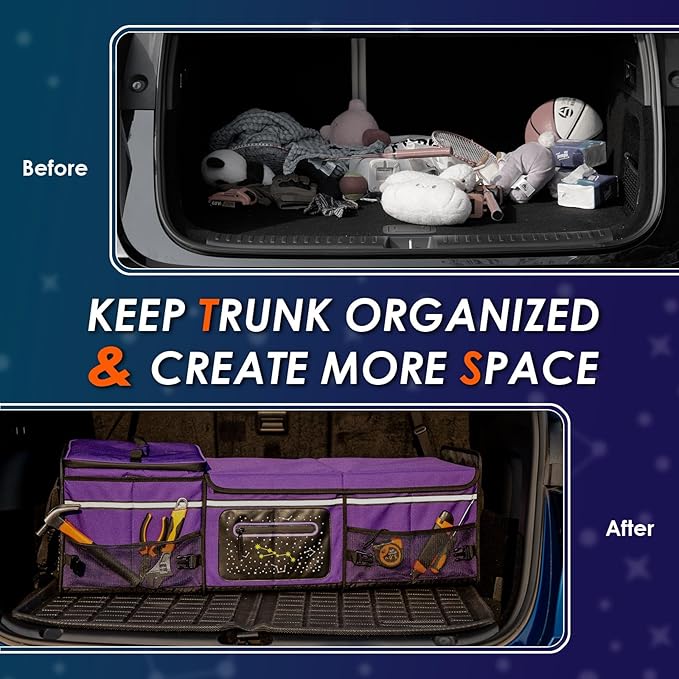 SugarFox 95L Large-Capacity Car Trunk Organizer Includes 26L Ice Pack, Fluorescent Constellation Design, Waterproof & Foldable with Adjustable Straps | For SUVs & Cars (Purple-M004)