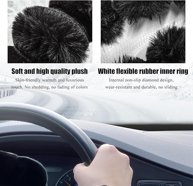 Fluffy Car Steering Wheel Cover, 14.5-15 Inches Anti-Slip Plush Fuzzy Steering Wheel Protector, Soft Warm Steering Wheel Cover Interior Decor for Women Girl, Car Accessories (Black)