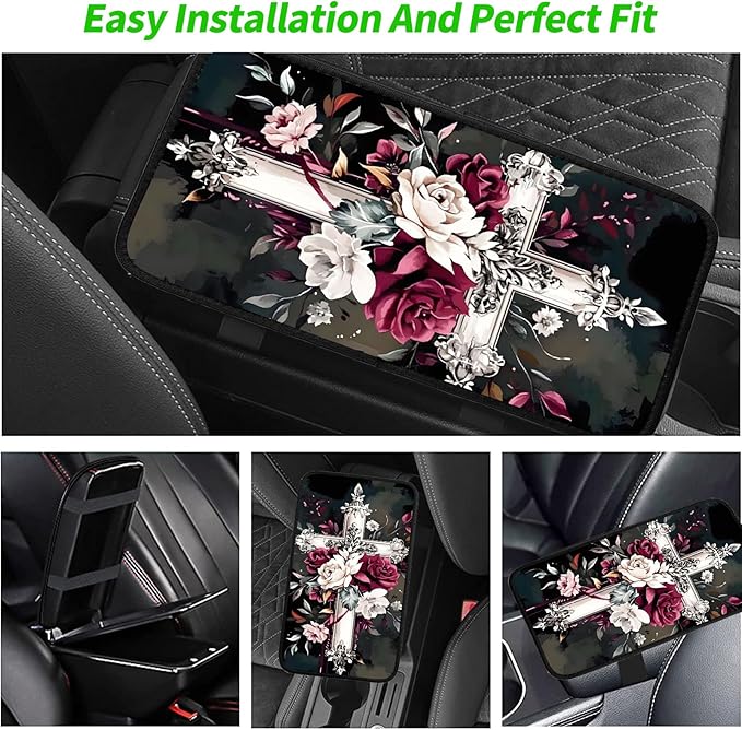 JANENFNA Car Armrest Cover Pads Universal Fashion Cute Auto Center Console Armrest Cover Pad with 2PCS Car Coasters Soft Waterproof Car Armrest Seat Protector for Women,Rose on Cross