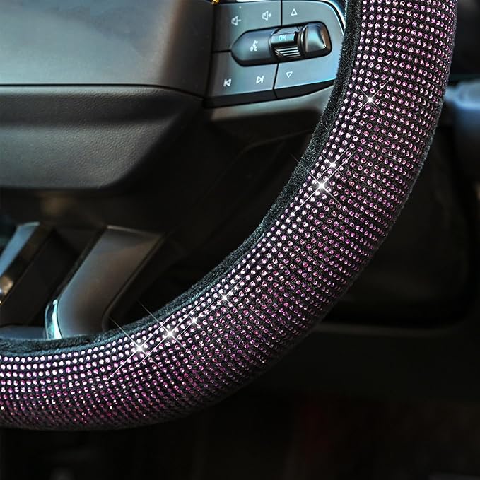 Valleycomfy Steering Wheel Cover for Women Bling Bling Crystal Diamond Sparkling Car SUV Wheel Protector Universal Fit 15 Inch Black with Pink Diamond