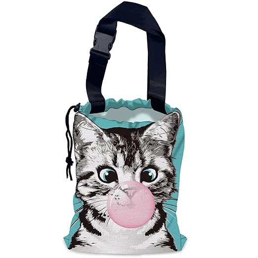 NHNXHWIA Cute Cat Car Trash Bag,Kitten Blow Bubble Gum Hanging Drawstring Car Garbage Bag,Waterproof Canvas Car Back Seat Organizer with Adjustable Buckle,for Vehicles,SUVs,Camping,Road Trips