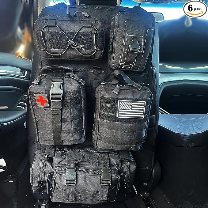 BEATUNEE Universal Tactical Front Seat Back Organizer with 5 detachable Molle Storage Bag/Hanger Bag,Applicable to all vehicle (Black)