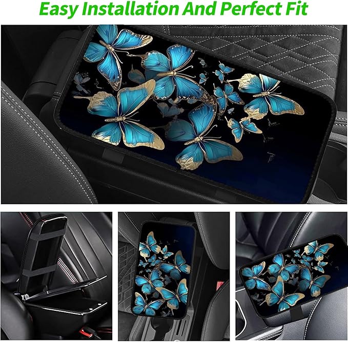 JANENFNA Car Armrest Cover Pads Universal Fashion Cute Auto Center Console Armrest Cover Pad with 2PCS Car Coasters Soft Waterproof Car Armrest Seat Protector for Women,Blue Golden Butterflies
