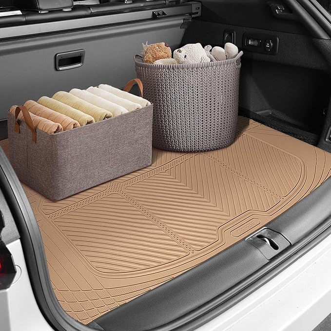 CAR PASS Tan Rubber Car Floor Mats & Cargo Liners, All Weather Car Mats & Trunk Mats,Waterproof Automotive Floor Mats Trim to Fit for Most Cars Sedans SUVs Vans, Durable Heavy Duty Anti-Slip,Beige