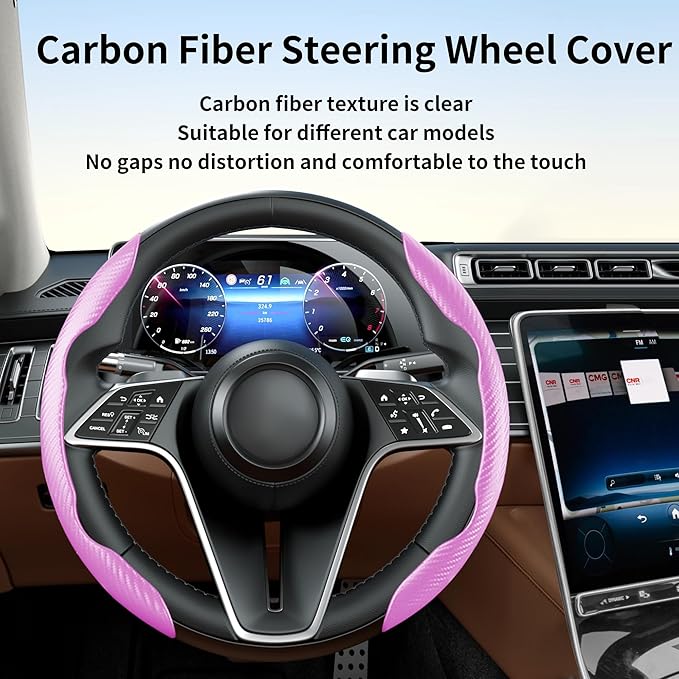 LevChall Carbon Fiber Steering Wheel Cover, 2-Piece Set Anti-Skid Comfortable Grip Segmented Butterfly Design, Easy Snap-On Installation Universal Fit 99% Cars, Pink