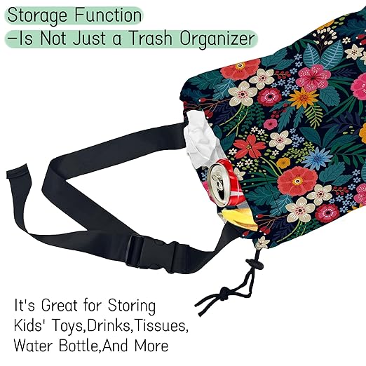 NHNXHWIA Colorful Flowers Car Garbage Bag,Waterproof Small Car Trash Bag Hanging Back of Seat,Drawstring Hanging Car Trash Bag with Adjustable Buckle for Car Accessories