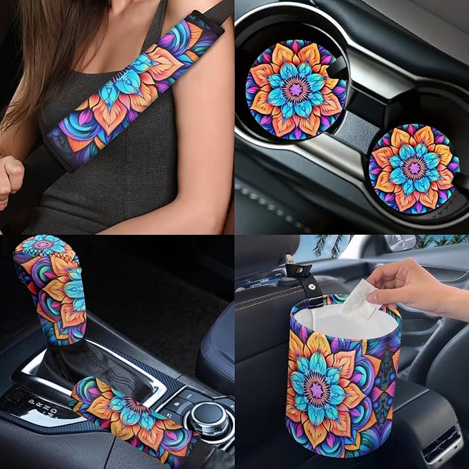 Dngkaoje Hippie Flower Car Seat Cover Set 13 Pack Colorful Hippie Lotus Auto Front Rear Seat Protector Full Set Universal Car Accessories with Seatbelt Shoulder Pads,Steering Wheel Covers,Garbage Bin