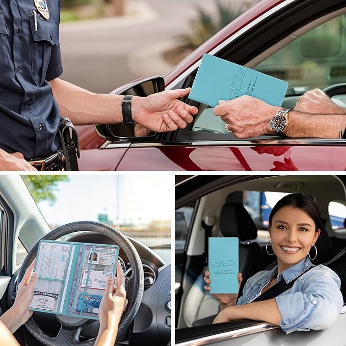 Peisicne Car Registration and Insurance Card Holder for Women Men, Blue Glove Box Paperwork Organizer with Magnetic Buckle for Easy Access and Protect Documents and Various Cards in Vehicle