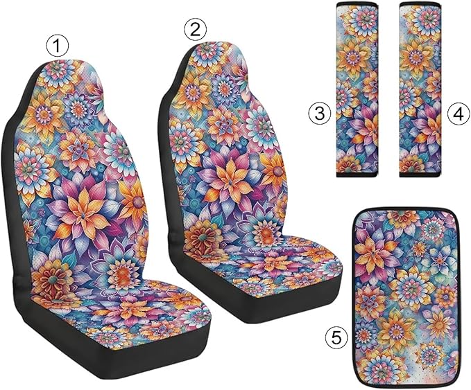 Qeluxign Hippie Flower Car Seat Covers Full Set Universal Fit Auto Front Seat Covers and Seatbelt Pads Armrest Cushion Gifts for Women Protect Your Car Interior