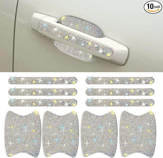 10PCS Bling Car Door Handle Protector, Crystal Rhinestone Anti-Scratch Car Bowl Decoration Sticker Decal, Universal Auto Exterior Door Protective Covers Accessories for Women (Colorful)