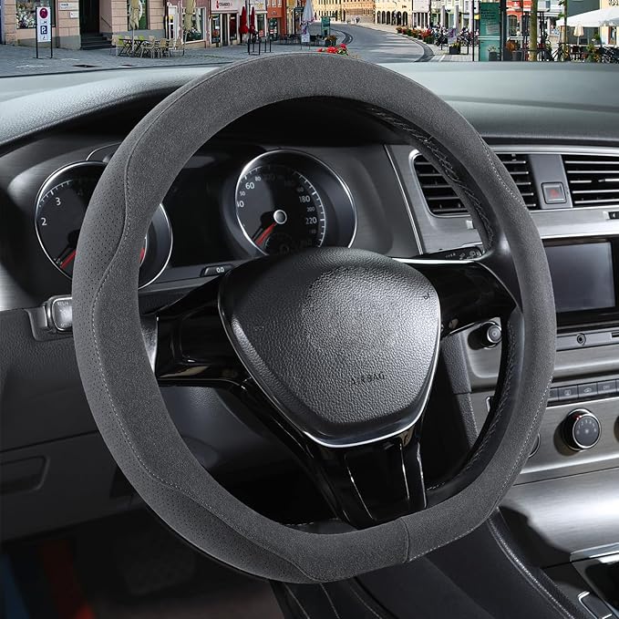 14 inch Gray Suede D Shaped Steering Wheel Cover, Breathable Non-Slip Sweat-Proof Wear-Resistant No Pilling, Warm in Winter and Cool in Summer