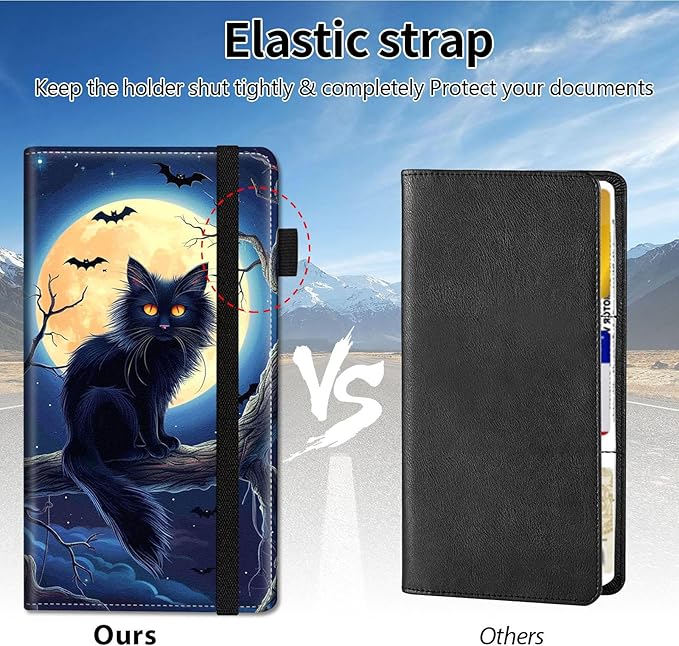 Qindaiwen Car Registration and Insurance Holder, Vehicle Card Document Elastic Band Closure Glove Box Organizer, Driver License Cards, Car Accessories for Essential Info, Cat Moon