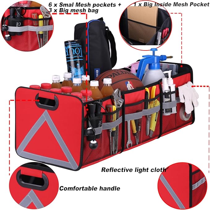 Homeve Large Collapsible Trunk Organizer with Multi Pockets, 3 Compartments Storage Organizer for Car, SUV, Minivan…