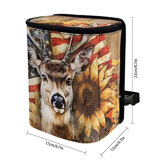 Talayituse Deer Sunflower Print Car Trash Can with Lid, American Flag Wood Leak Proof Auto Trash Bag Hanging Vehicle Garbage Can Multipurpose Storage Container for Back Seat Road Trip