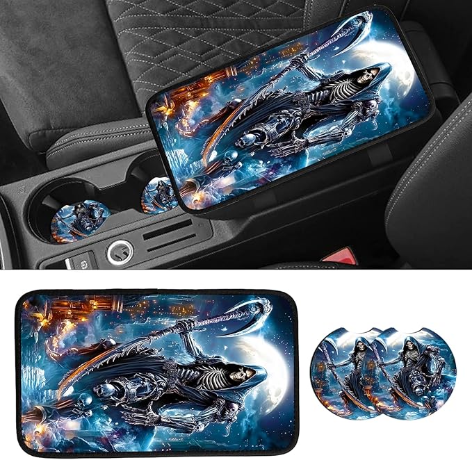 JANENFNA Car Armrest Cover Pads Universal Fashion Cute Auto Center Console Armrest Cover Pad with 2PCS Car Coasters Soft Waterproof Car Armrest Seat Protector for Women,Black Grim Reaper