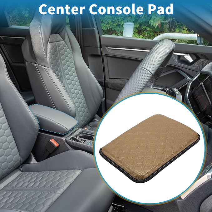 Car Armrest Cushion Pad Non-slip 11.81"x8.27" PU,Breathable Cotton and Linen Beige Center Console Lid