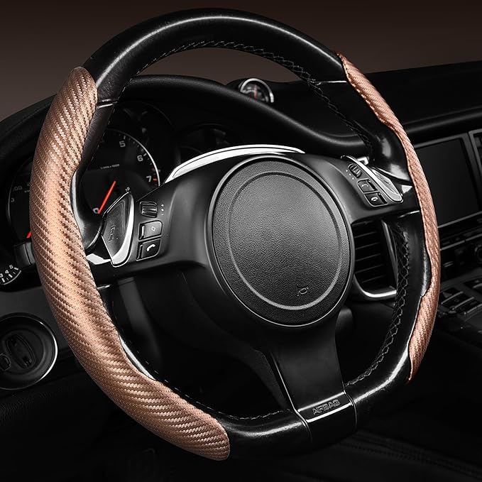 CAR PASS Carbon Fiber Steering Wheel Cover, Segmented Wheel Protector Non-Slip Sporty Car Accessories, Universal Fit for D-Shape O-Shape 14.5" to 16" Steering Wheels for Men Women, 2pcs Brown Carbon