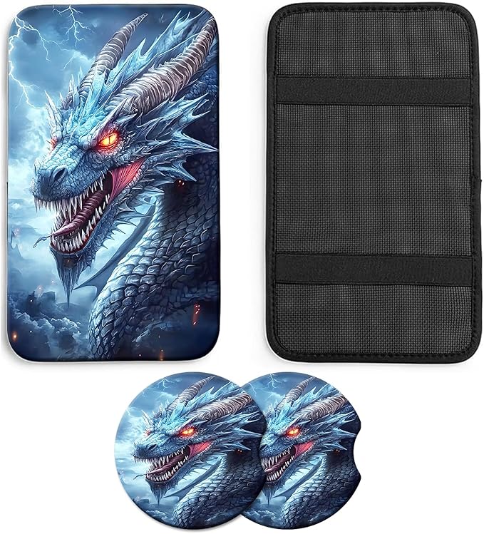 JANENFNA Car Armrest Cover Pads Universal Fashion Cute Auto Center Console Armrest Cover Pad with 2PCS Car Coasters Soft Waterproof Car Armrest Seat Protector for Women,Ice Dragon