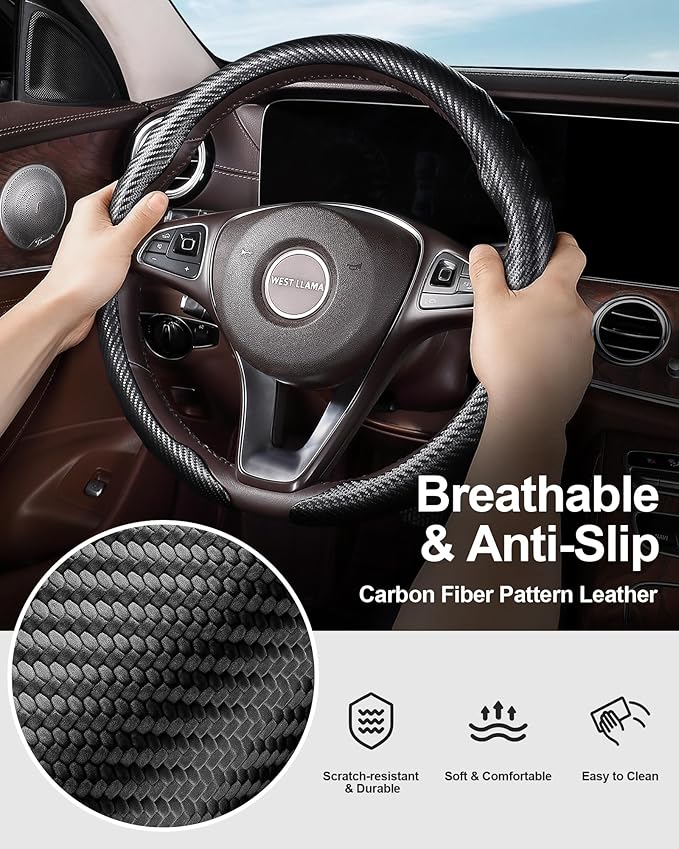 West Llama Carbon Fiber Car Steering Wheel Cove,rThin Steering Wheel Wrap Universal 14.5-15 Inch,Fit Cars,SUVs,Trucks(Black-O-Shaped)