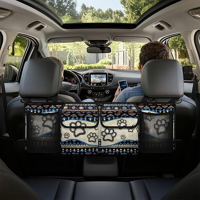 Dreaweet Aztec Car Trunk Organizer Storage Backseat Hanging Organizer Bag Dog Paw Print Car Storage Accessories Waterproof Collapsible Trunk Organizer for SUV Trucks Sedan Van