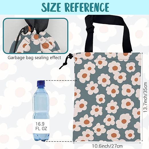 KXWQTRDD Car Garbage Bag Vintage Blue Floral Daisy Hanging Canvas Car Trash Bag Waterproof Drawstring Car Back Seat Organizer for Car Back Front Seat Console with Adjustable Buckle