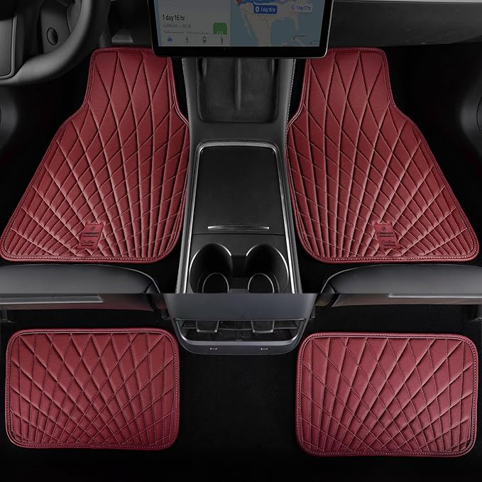 CAR PASS Luxury Faux Leather Floor Mats for Cars, Waterproof All Weather Car Mats Full Set, Anti-Slip Deluxe Automotive Floor Mats Universal Fit for Most SUV,Vans,Sedans,Trucks, 4 Piece Burgundy Red