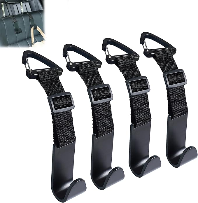 Amooca Headrest Hooks for Car Adjustable 4 Pack Vehicle Seat Back Organizer Storage Hanger Holder for Purse Bags Universal Fit with Clip Black
