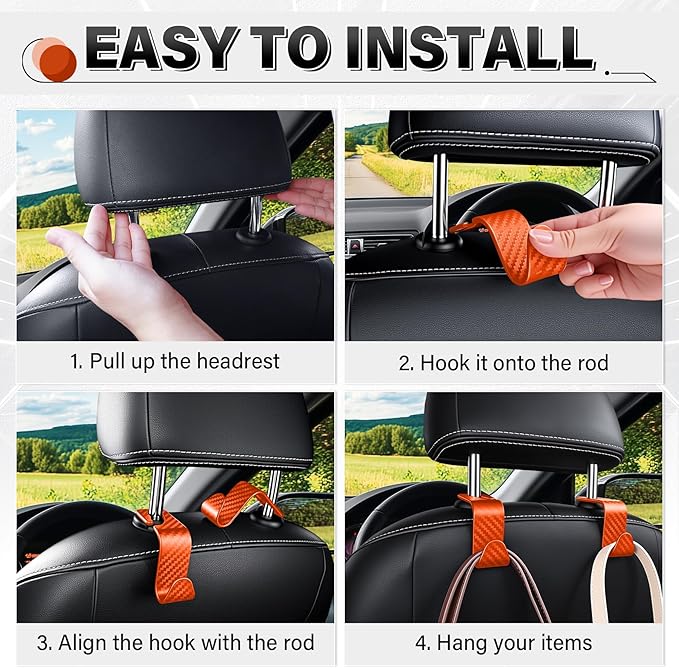 SINGARO Universal 4 Pack Car Seat Headrest Purse Hook, Carbon Fiber Back Seat Hook Storage Organizer Hanger for Purse Handbag Coat, Car Interior Accessories(Orange)