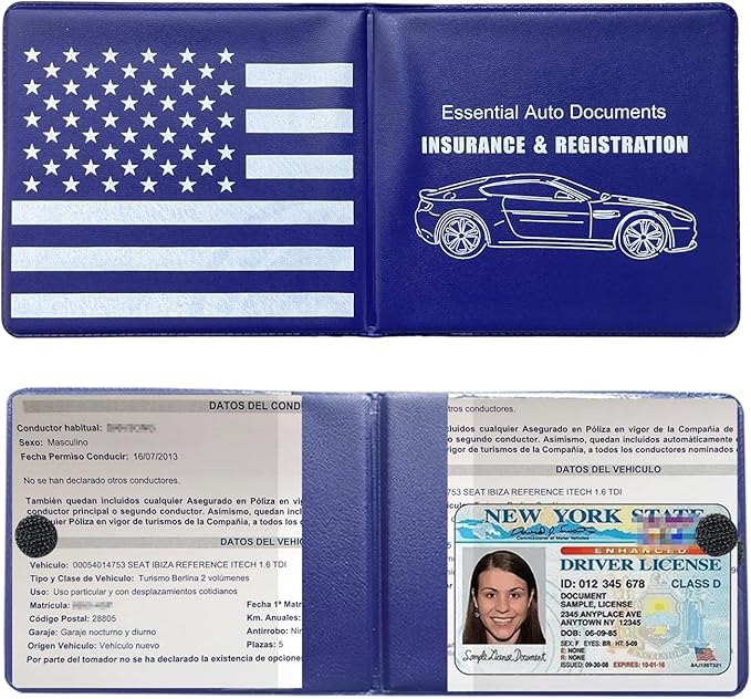 Ziciner Car Registration Insurance Holder, 2Pack Essential Auto PVC Card Document Glove Box Organizer with Velcro Closure, Universal Car Accessories for Men & Women (Blue/Back Flag)