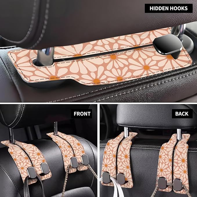 AXBSAKDI Car Seat Back Storage Headrest Hook, Premium Leather Double Metal Hook, Hanger Storage Organizer for Purse Cloth Bag, Car Interior Accessories Cute Boho Flowers