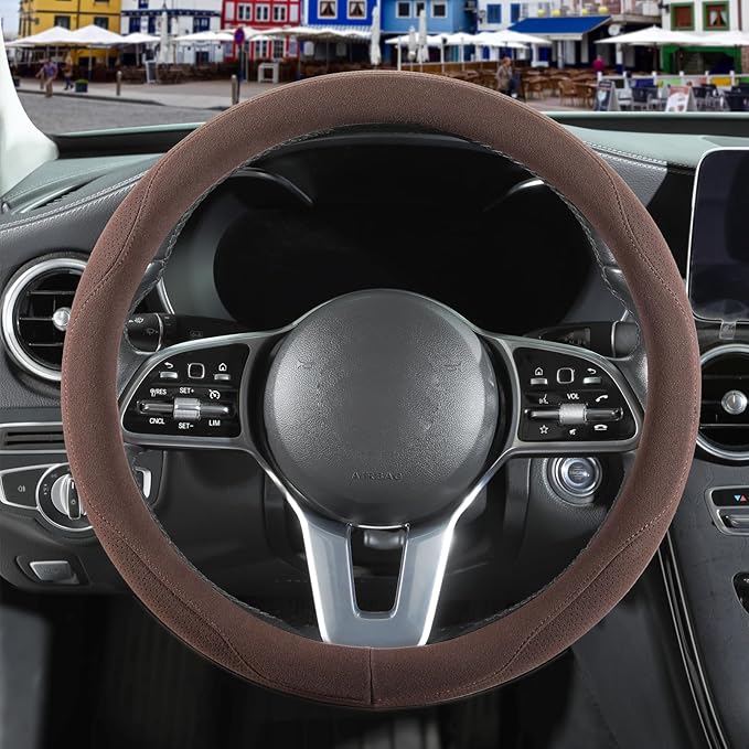 Brown Suede Steering Wheel Cover Large for Model X Model S Ford F150 F250 F350, Breathable Non-Slip Sweat-Proof Wear-Resistant, Warm in Winter and Cool in Summer, 15.5 inch to 16 inch