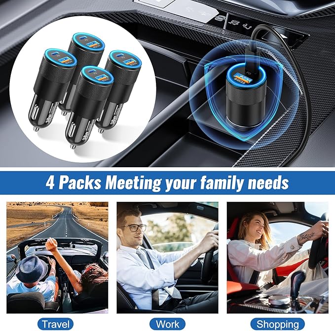 USB C Car Charger Fast Charging 4Pack, Cigarette Lighter Adapter 38W, Boxeroo Multi Port PD/QC 3.0 Cargador para Carro, Dual USBC & USB-A Car Outlet for iPhone 16/15/14/13/Pro Max, Samsung