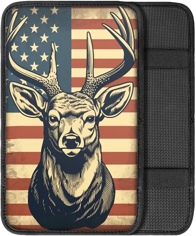 Car Center Console Pad, Universal Waterproof Car Armrest Seat Box Cover, Car Interior Accessories for Most Vehicle SUV Truck Vintage American Flag Moose Car Armrest Pad