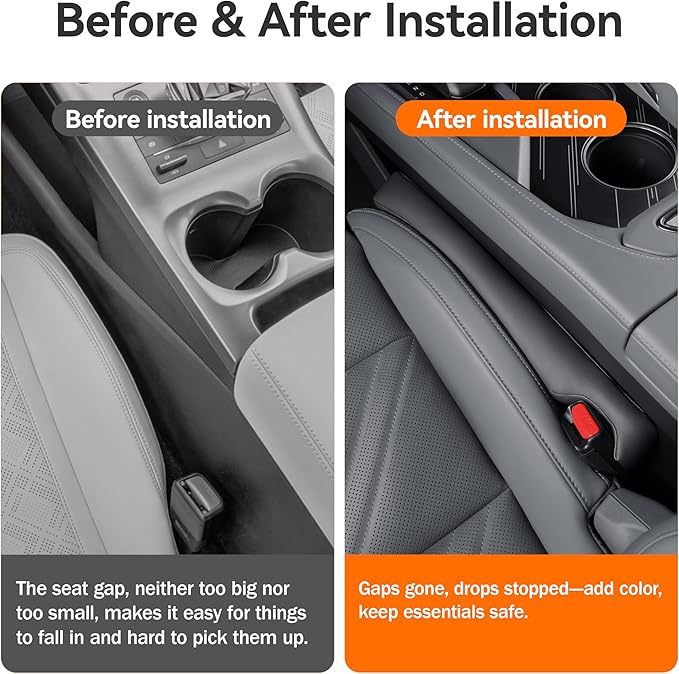 POKSRI Car seat Gap Filler, 2 Pack Leather Gap Organizers Stop Things from Dropping into The Gap Between seat and Console, Adjustable Width 1.4-2.4 inches Fit Most car/Truck/SUV, Accessories(Black)
