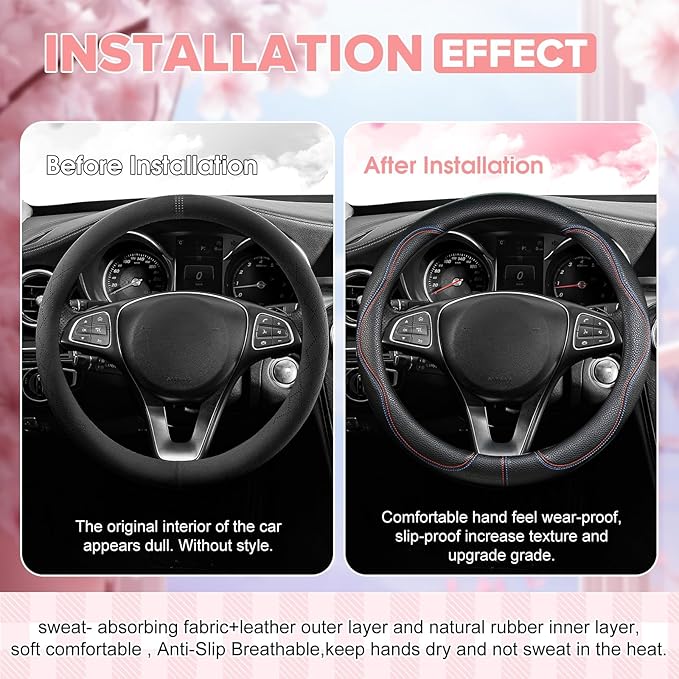 Black Car Steering Wheel Cover, Slip-Proof Breathable Comfort PU Leather Cute Universal Protector Cars Interior Accessories for Women Girl Fit Most Vehicle (Black)