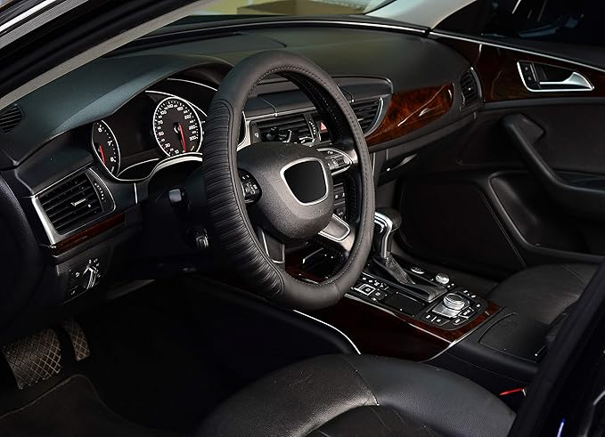 KAFEEK Steering Wheel Cover, Universal 15 inch, Microfiber Leather,Black