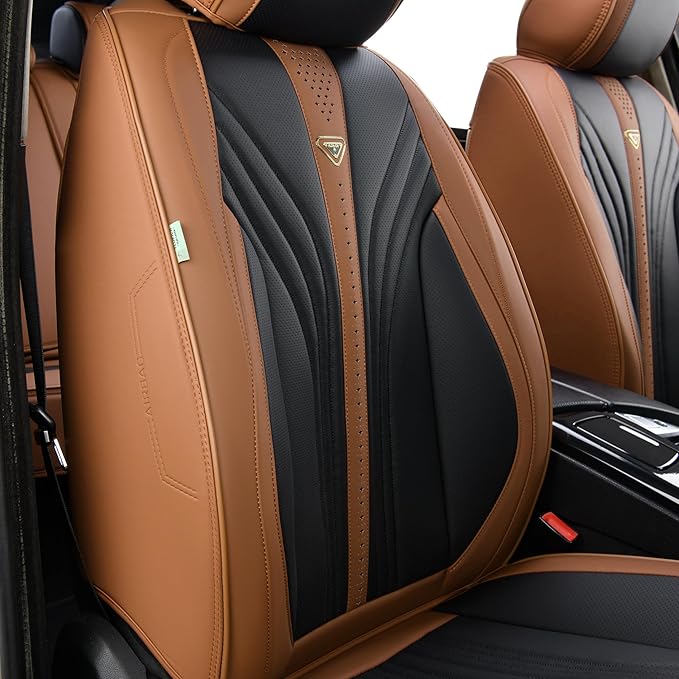 FLORICH Leather Seat Covers, 2 PCS Waterproof Front Car Cushions, Black and Brown Automotive Driver Covers Fit for Most Cars SUV Trucks