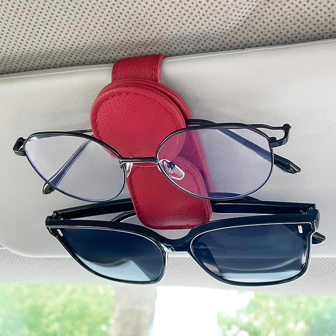 KIWEN Sunglasses Holder for Car Visor, Magnetic Leather Sunglass Eyeglass Hanger Clip for Car Sun Visor Accessories (1, Gray)