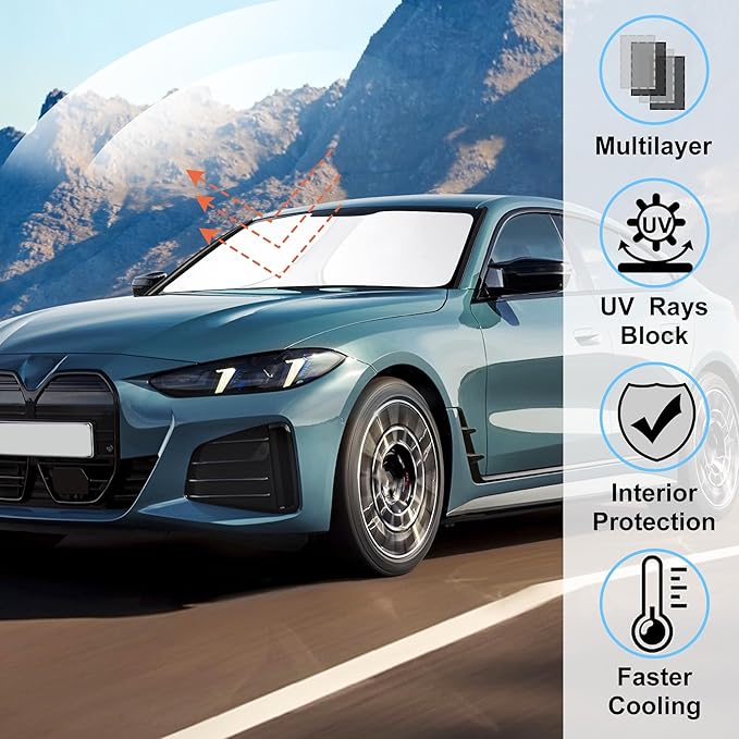 Windshield Sun Shade Custom Fit for 2022 2023 2024 2025 BMW i4 M50 Accessories Foldable Sunshade Sun Blocker Protect Car from Sun Rays & Heat Damage Keep Car Cooler