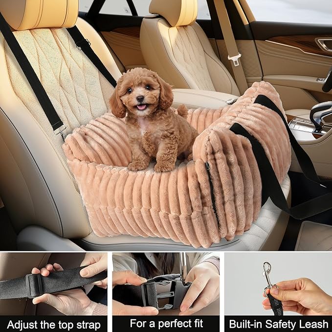 HOMLOVE Dog Car Booster Seat, for Small Dogs Under 30 lbs, Detachable Washable Travel Bed with Storage Pockets and Safety Belt (Pink, Medium)