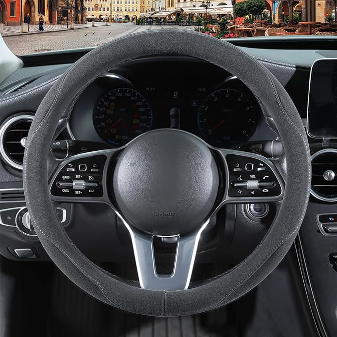 Gray Faux Suede Steering Wheel Cover, Breathable Non-Slip Sweat-Proof Wear-Resistant No Pilling, Warm in Winter and Cool in Summer, Universal 15 inch