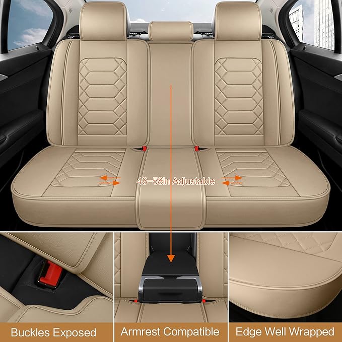 HAIYAOTIMES Leather Car Seat Covers Full Set, Waterproof Faux Leather Seat Covers for Cars, Non-Slip Car Interior Covers Universal Fit for Most Cars Sedans Trucks SUVs, Beige