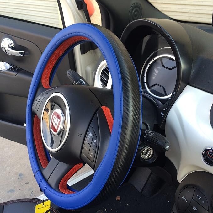 Jdragon Blue & Carbon Fiber Style PVC Leather Slip-On Steering Wheel Cover 14.25-15" Diameter
