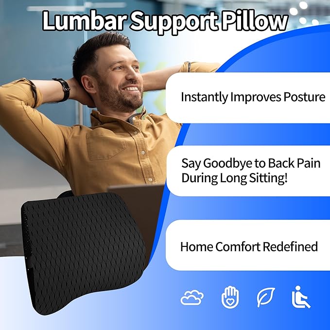 Lumbar Support Pillow for Car, Lower Back Support for Driving Seat Memory Foam Lumbar Pillow for Office Chair - Back Pain Relief for Car Seat, Wheelchair (4D Mesh Black)