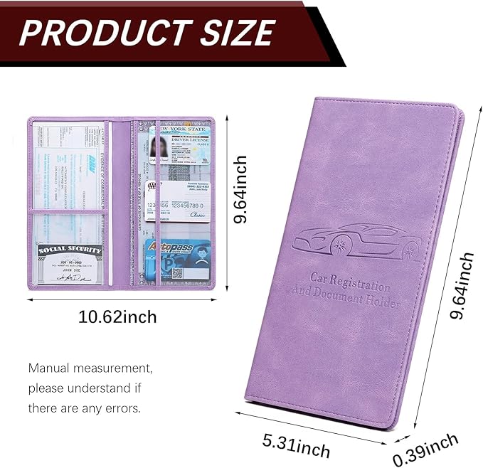 Peisicne Car Registration and Insurance Card Holder for Women Men, Purple Glove Box Paperwork Organizer with Magnetic Buckle for Easy Access and Protect Documents and Various Cards in Vehicle